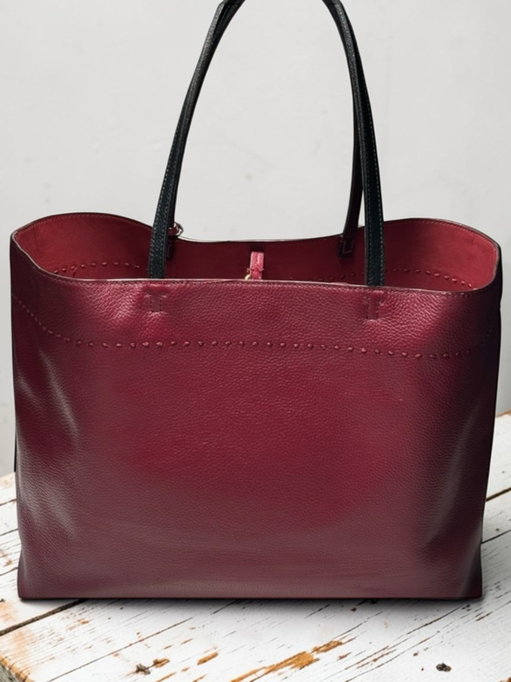 Tory Burch McGraw Leather Tote- Wine Red with Black Handles - Picture 2 of 15